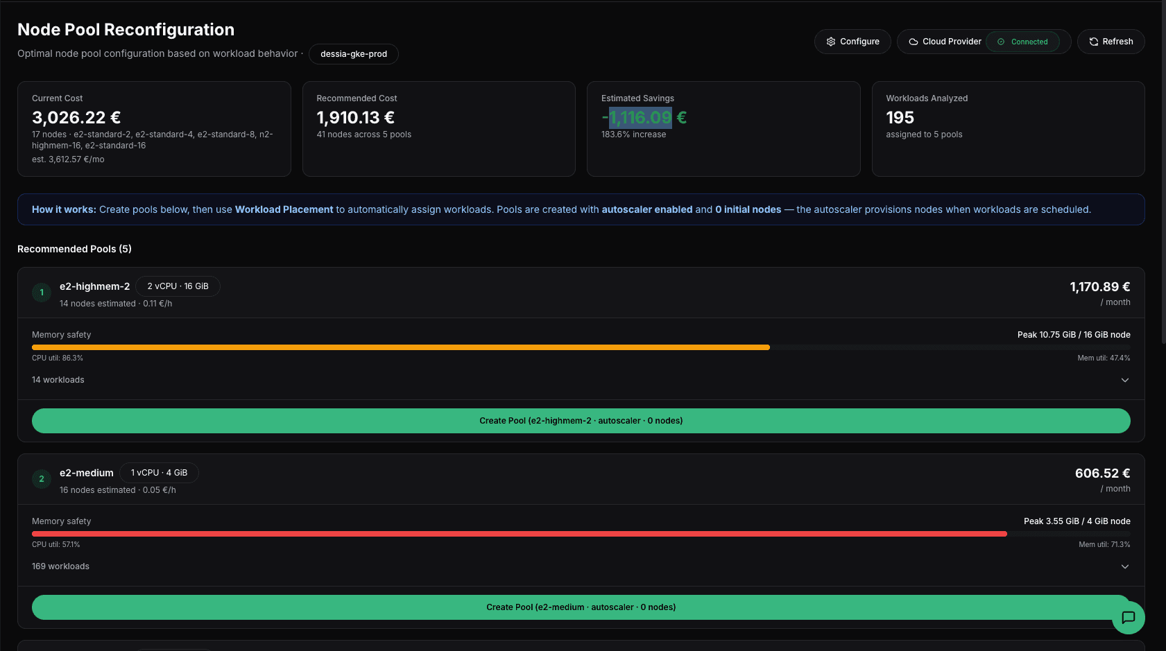 Costlyst Node Pool Reconfiguration — bin-packing recommendations and pool optimization